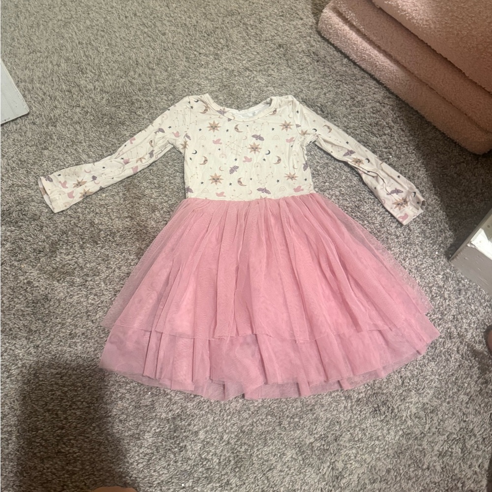 Bird and Bean 2T Pink Tulle Skirt long sleeve Kids Dress with Star & Moon Print